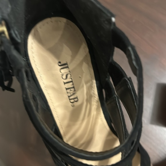 Just Fab Microfibre Strappy Open Toe Chunky Wooden Heels Sandals Black Size 8 - Picture 10 of 14